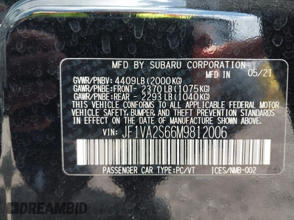 2021 Subaru WRX STI with VIN JF1VA2S66M9812006, listed as a IAAI auction lot 42021904 with 37,792 mi miles and . Bid and sale history available at DreamBid. Image 9.
