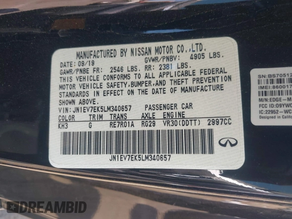 2020 Infiniti Q60 Luxe with VIN JN1EV7EK5LM340657, listed as a IAAI auction lot 42420359 with 32,554 mi miles and . Bid and sale history available at DreamBid. Image 9.