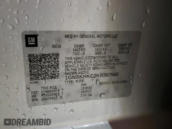 2019 Chevrolet Suburban LT with VIN 1GNSKHKC2KR367660, listed as a Copart auction lot 51178165 with Not Provided miles and Clean Title. Bid and sale history available at DreamBid. Image 12.