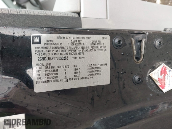 2007 Chevrolet Equinox LT z VIN 2CNDL63F076036263, wystawiony jako IAAI lot #42087012 z przebiegiem 238 368 mil mil oraz . Historia ofert i sprzedaży dostępna na DreamBid. Obrazek 9.