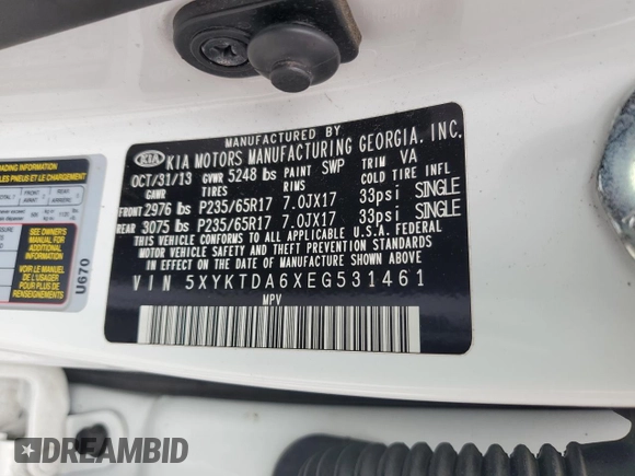 2014 Kia Sorento LX with VIN 5XYKTDA6XEG531461, listed as a Copart auction lot 55732495 with 113,664 mi miles and Clean Title. Bid and sale history available at carsss.com. Image 13.