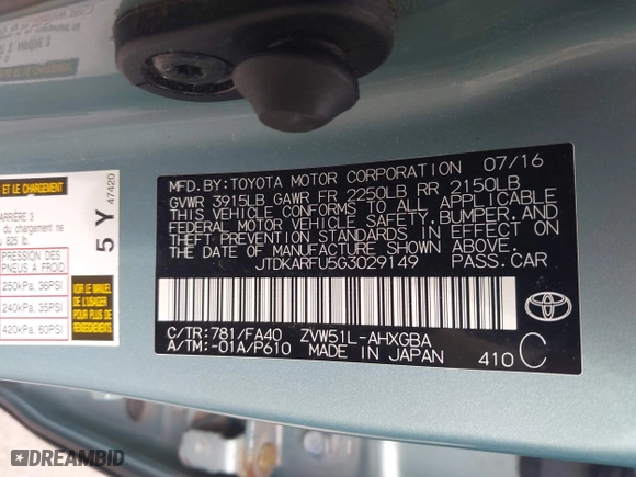 2016 Toyota Prius Four with VIN JTDKARFU5G3029149, listed as a IAAI auction lot 41996311 with 225,296 mi miles. Bid and sale history available at carsss.com. Image 9.