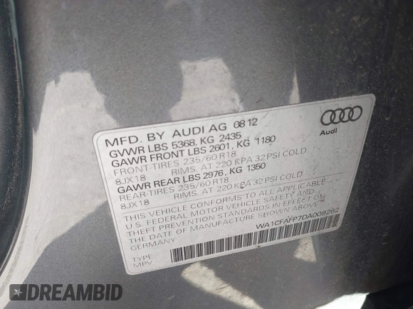 2013 Audi Q5 Premium with VIN WA1CFAFP7DA009262, listed as a IAAI auction lot 41730275 with 136,831 mi miles. Bid and sale history available at carsss.com. Image 9.