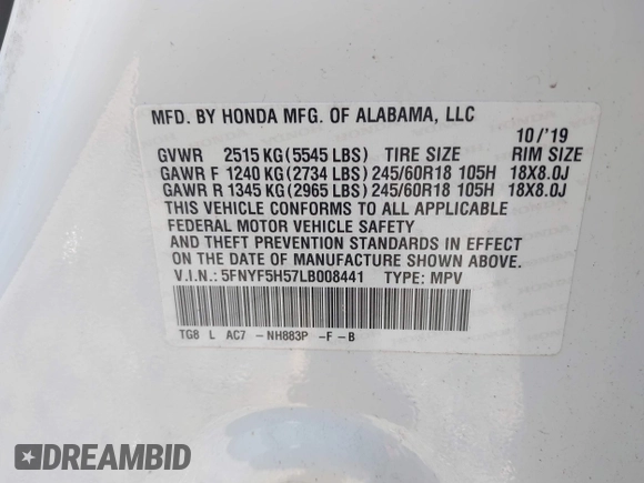 2020 Honda Pilot EX-L с VIN 5FNYF5H57LB008441, выставлен на аукционе IAAI как лот 42144696 с пробегом 93 828 миль миль и . История ставок и продаж доступна на DreamBid. Изображение 9.
