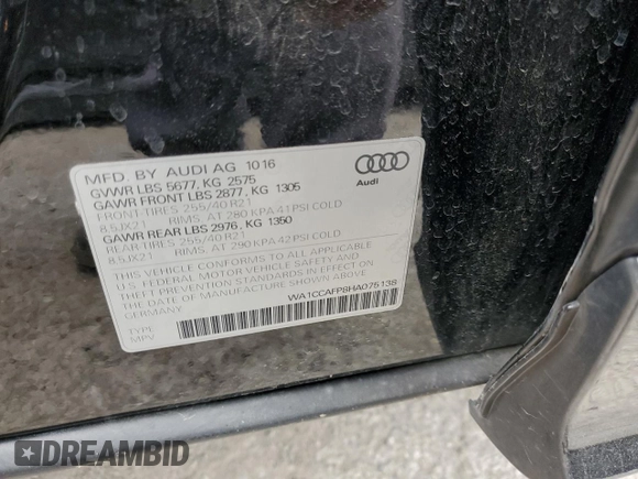 2017 Audi SQ5 Premium Plus with VIN WA1CCAFP8HA075138, listed as a Copart auction lot 52899003 with 61,912 mi miles. Bid and sale history available at carsss.com. Image 13.