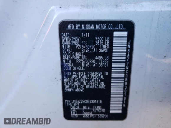2011 Infiniti QX56 8-passenger z VIN JN8AZ2NC0B9301816, wystawiony jako Copart lot #47070355 z przebiegiem Nie podano mil oraz Szkoda całkowita • Salvage title. Historia ofert i sprzedaży dostępna na DreamBid. Obrazek 13.