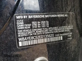 2014 BMW 7 Series ALPINA B7 with VIN WBAYE8C52ED135620, listed as a Copart auction lot 58221745 with 138,418 mi miles and Salvage title. Bid and sale history available at DreamBid. Image 12.