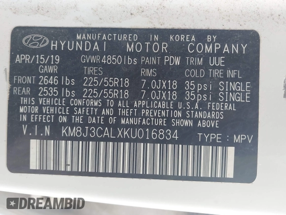 2019 Hyundai Tucson Ultimate with VIN KM8J3CALXKU016834, listed as a IAAI auction lot 40970606 with 104,208 mi miles. Bid and sale history available at carsss.com. Image 9.