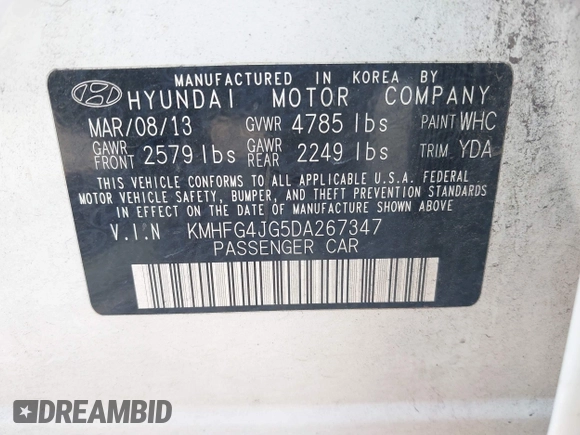 2013 Hyundai Azera with VIN KMHFG4JG5DA267347, listed as a IAAI auction lot 42580501 with 111,975 mi miles and . Bid and sale history available at DreamBid. Image 9.