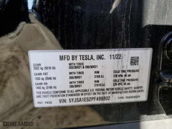2023 Tesla Model S with VIN 5YJSA1E52PF499802, listed as a Copart auction lot 88585675 with 0 mi miles and Salvage Title. Bid and sale history available at carsss.com. Image 15.