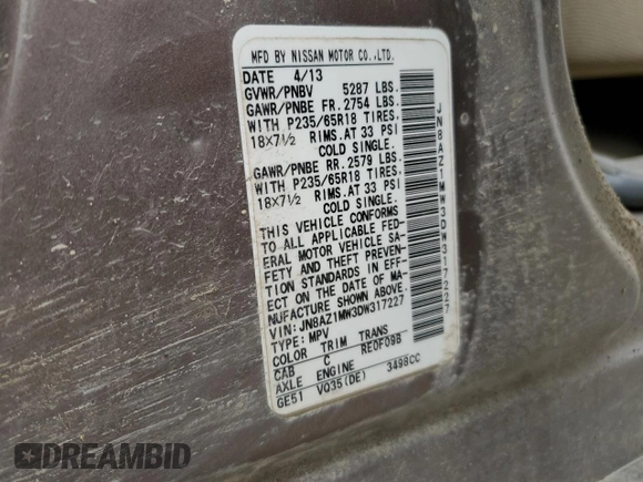2013 Nissan Murano S z VIN JN8AZ1MW3DW317227, wystawiony jako Copart lot #53119495 z przebiegiem 139 498 mil mil oraz Szkoda całkowita • Salvage title. Historia ofert i sprzedaży dostępna na DreamBid. Obrazek 15.