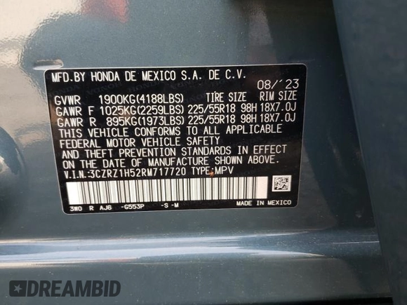 2024 Honda HR-V Sport с VIN 3CZRZ1H52RM717720, выставлен на аукционе Copart как лот 58668885 с пробегом 6 841 миль миль и Списание • Salvage title. История ставок и продаж доступна на DreamBid. Изображение 13.