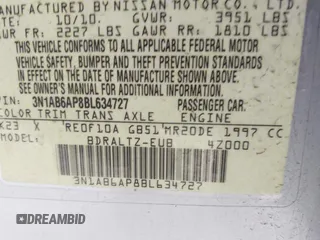 2011 Nissan Sentra 2.0 with VIN 3N1AB6AP8BL634727, listed as a IAAI auction lot 41314384 with 128,005 mi miles and . Bid and sale history available at DreamBid. Image 9.