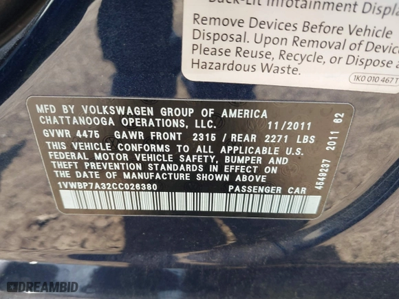 2012 Volkswagen Passat SE with VIN 1VWBP7A32CC026380, listed as a IAAI auction lot 41851980 with 158,784 mi miles. Bid and sale history available at carsss.com. Image 9.