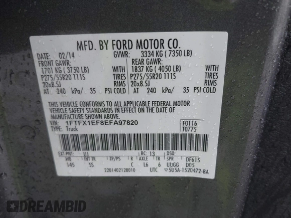 2014 Ford F-150 XL with VIN 1FTFX1EF8EFA97820, listed as a IAAI auction lot 41974347 with 148,018 mi miles. Bid and sale history available at carsss.com. Image 9.