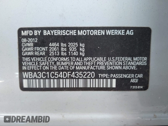 2013 BMW 3 Series 328i with VIN WBA3C1C54DF435220, listed as a IAAI auction lot 42346247 with 174,155 mi miles and . Bid and sale history available at DreamBid. Image 9.