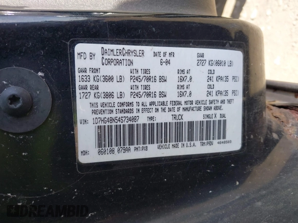 2004 Dodge Dakota SLT with VIN 1D7HG48N54S734087, listed as a IAAI auction lot 41770151 with 129,514 mi miles. Bid and sale history available at carsss.com. Image 9.