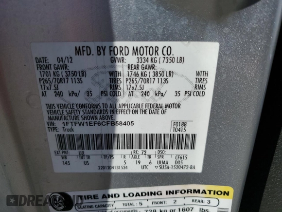 2012 Ford F-150 XL with VIN 1FTFW1EF6CFB58405, listed as a Copart auction lot 65570425 with 161,399 mi miles and Salvage title. Bid and sale history available at DreamBid. Image 13.