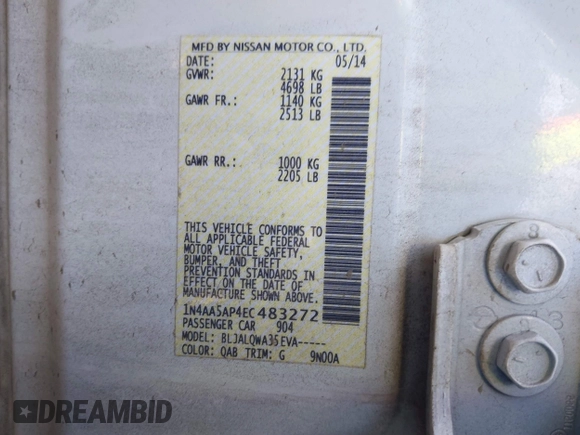 2014 Nissan Maxima SV с VIN 1N4AA5AP4EC483272, выставлен на аукционе IAAI как лот 41668364 с пробегом 186 132 миль миль и . История ставок и продаж доступна на DreamBid. Изображение 9.