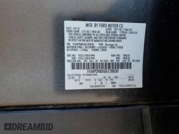 2016 Ford Taurus SEL with VIN 1FAHP2H8XGG120030, listed as a Copart auction lot 49124785 with 59,331 mi miles and Salvage title. Bid and sale history available at DreamBid. Image 13.