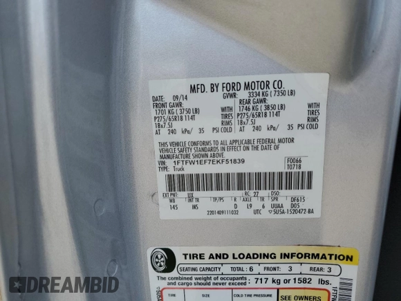 2014 Ford F-150 XL with VIN 1FTFW1EF7EKF51839, listed as a Copart auction lot 62570825 with 235,238 mi miles and Salvage title. Bid and sale history available at DreamBid. Image 12.