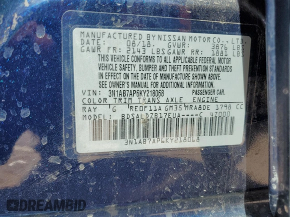 2019 Nissan Sentra SV with VIN 3N1AB7AP6KY218068, listed as a Copart auction lot 48897395 with 102,919 mi miles and Salvage Title. Bid and sale history available at DreamBid. Image 14.
