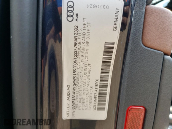 2018 Audi A4 Premium Plus with VIN WAULMAF47JA118900, listed as a Copart auction lot 52145162 with 47,662 mi miles. Bid and sale history available at carsss.com. Image 10.