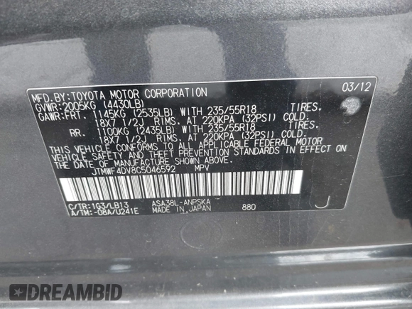2012 Toyota RAV4 Sport with VIN JTMWF4DV8C5046592, listed as a IAAI auction lot 42207047 with 107,210 mi miles and . Bid and sale history available at DreamBid. Image 9.