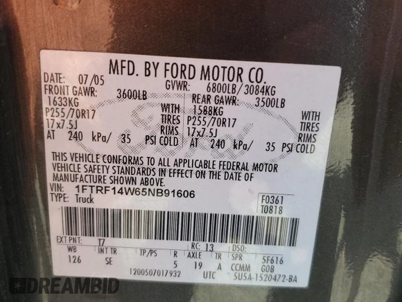 2005 Ford F-150 XL with VIN 1FTRF14W65NB91606, listed as a Copart auction lot 84889894 with 157,947 mi miles and Salvage Title. Bid and sale history available at carsss.com. Image 12.
