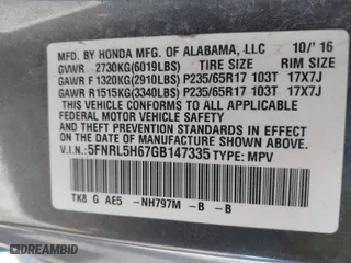 2016 Honda Odyssey EX-L with VIN 5FNRL5H67GB147335, listed as a IAAI auction lot 41115400 with 165,656 mi miles. Bid and sale history available at carsss.com. Image 9.