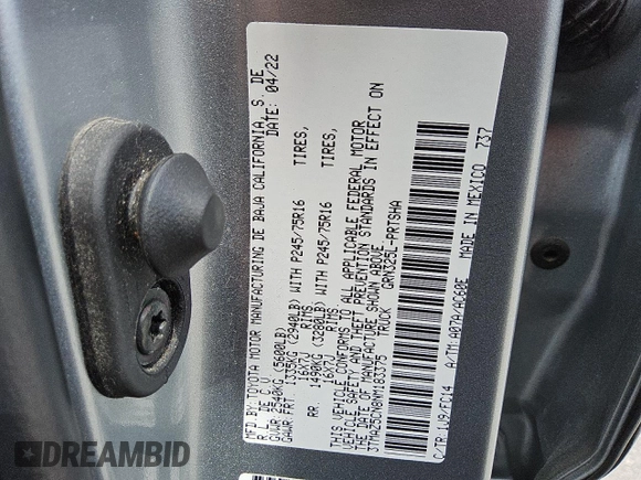 2022 Toyota Tacoma SR5 z VIN 3TMAZ5CN8NM183375, wystawiony jako Copart lot #57228025 z przebiegiem 81 738 mil mil oraz Czysty tytuł • Clean title. Historia ofert i sprzedaży dostępna na DreamBid. Obrazek 13.