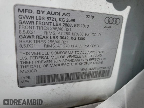 2019 Audi SQ5 Premium Plus with VIN WA1B4AFY4K2065113, listed as a Copart auction lot 54345894 with 32,201 mi miles and Salvage Title. Bid and sale history available at DreamBid. Image 14.