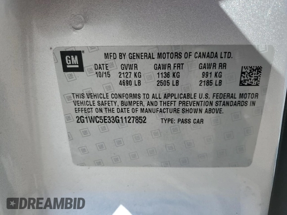 2016 Chevrolet Impala LTZ with VIN 2G1WC5E33G1127852, listed as a Copart auction lot 46678615 with 188,953 mi miles and Salvage Title. Bid and sale history available at DreamBid. Image 14.