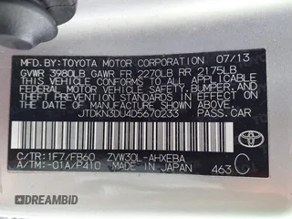 2013 Toyota Prius One with VIN JTDKN3DU4D5670233, listed as a IAAI auction lot 42065164 with 193,103 mi miles and . Bid and sale history available at DreamBid. Image 9.
