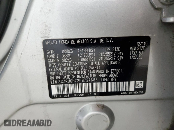2016 Honda HR-V EX-L w/Navi with VIN 3CZRU6H72GM727688, listed as a Copart auction lot 71735464 with 67,377 mi miles and Salvage Title. Bid and sale history available at carsss.com. Image 12.