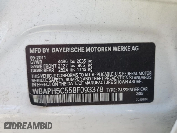 2011 BMW 3 Series 328i with VIN WBAPH5C55BF093378, listed as a Copart auction lot 50389725 with 99,387 mi miles and Salvage Title. Bid and sale history available at carsss.com. Image 14.