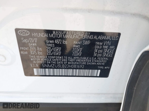 2018 Hyundai Santa Fe Sport 2.4L with VIN 5NMZU3LB2JH081692, listed as a IAAI auction lot 41825234 with 87,830 mi miles. Bid and sale history available at carsss.com. Image 9.