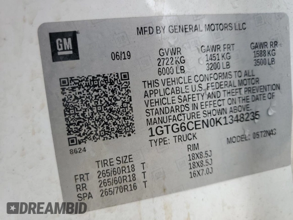 2019 GMC Canyon 4WD SLE with VIN 1GTG6CEN0K1348235, listed as a Copart auction lot 45934405 with 0 mi miles and Salvage Title. Bid and sale history available at carsss.com. Image 12.