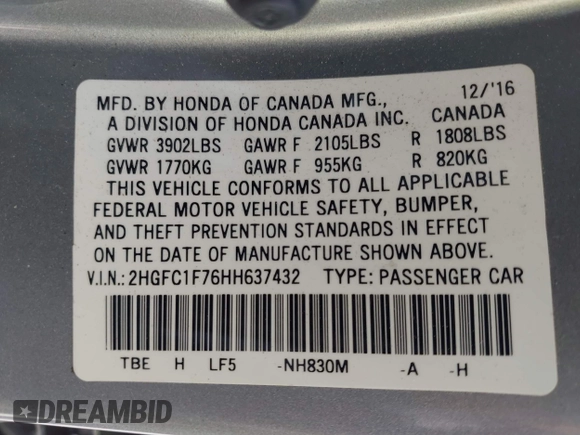 2017 Honda Civic Sedan EX-L with VIN 2HGFC1F76HH637432, listed as a IAAI auction lot 42007237 with 117,134 mi miles. Bid and sale history available at carsss.com. Image 9.