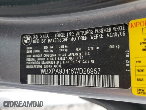 2006 BMW X3 3.0i with VIN WBXPA93416WD28957, listed as a Copart auction lot 72777224 with 214,772 mi miles and Salvage Title. Bid and sale history available at carsss.com. Image 13.