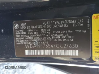2007 BMW 5 Series 530xi with VIN WBANF73547CU27630, listed as a Copart auction lot 43837325 with Not Provided miles and Salvage Title. Bid and sale history available at carsss.com. Image 12.