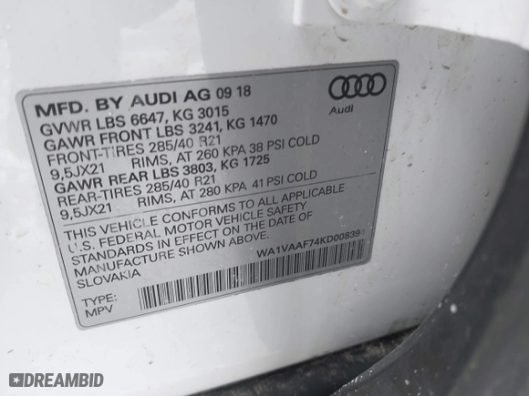 2019 Audi Q7 Prestige with VIN WA1VAAF74KD008394, listed as a IAAI auction lot 41610076 with 43,511 mi miles. Bid and sale history available at carsss.com. Image 9.
