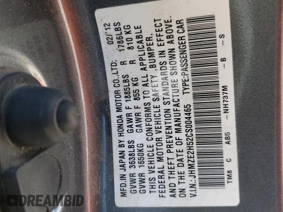 2012 Honda Insight LX with VIN JHMZE2H52CS004465, listed as a Copart auction lot 53211725 with Not provided miles and Salvage title. Bid and sale history available at DreamBid. Image 12.