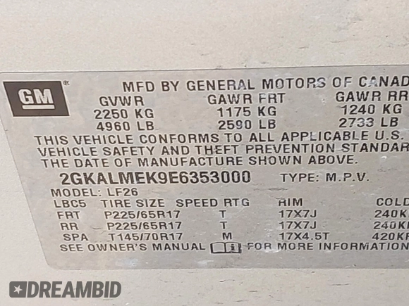 2014 GMC Terrain SLE with VIN 2GKALMEK9E6353000, listed as a IAAI auction lot 42656905 with 159,173 mi miles and . Bid and sale history available at DreamBid. Image 9.