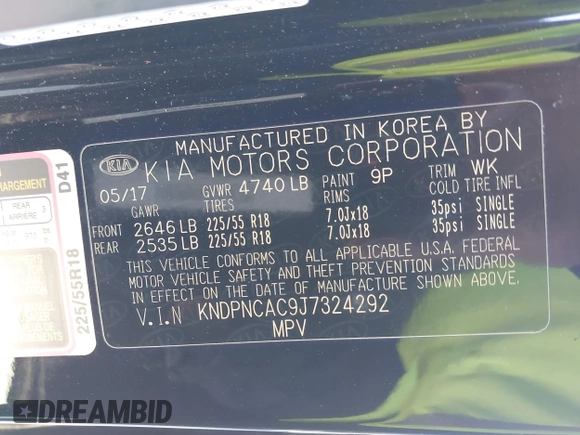 2018 Kia Sportage EX with VIN KNDPNCAC9J7324292, listed as a IAAI auction lot 41859338 with 124,519 mi miles and . Bid and sale history available at carsss.com. Image 9.