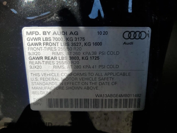 2021 Audi e-tron Sportback Prestige with VIN WA13ABGE4MB011482, listed as a Copart auction lot 62569254 with 20,377 mi miles and Clean title. Bid and sale history available at DreamBid. Image 13.