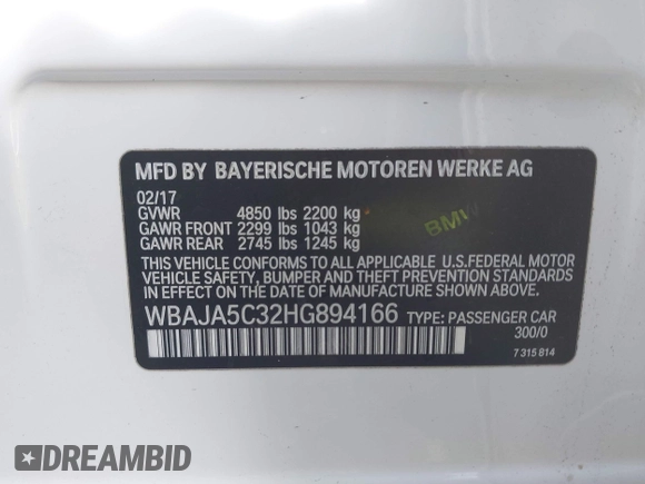 2017 BMW 5 Series 530i with VIN WBAJA5C32HG894166, listed as a IAAI auction lot 41962950 with 52,729 mi miles and . Bid and sale history available at DreamBid. Image 9.
