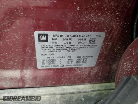 2022 Chevrolet Trax LT with VIN KL7CJPSM8NB507269, listed as a Copart auction lot 51087265 with 41,960 mi miles and Salvage title. Bid and sale history available at DreamBid. Image 13.