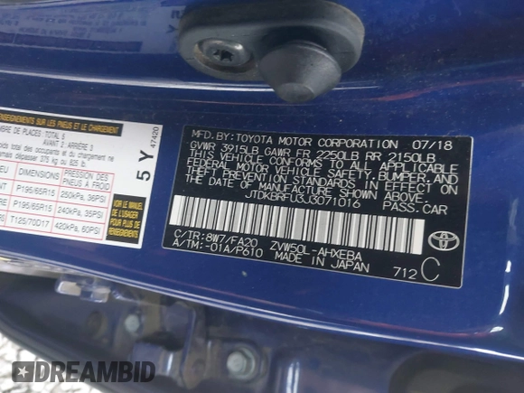 2018 Toyota Prius Two with VIN JTDKBRFU3J3071016, listed as a IAAI auction lot 41335582 with 179,542 mi miles and . Bid and sale history available at DreamBid. Image 9.
