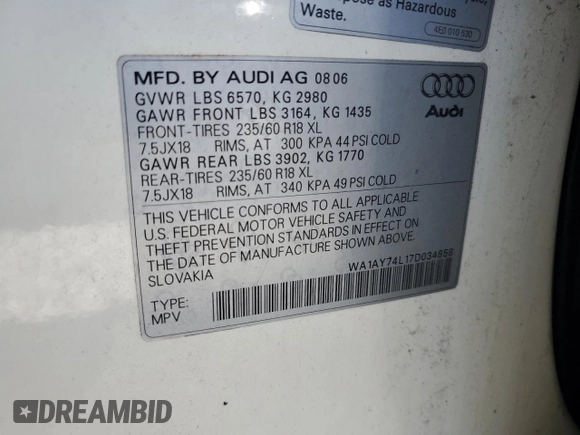 2007 Audi Q7 z VIN WA1AY74L17D034858, wystawiony jako Copart lot #56192315 z przebiegiem 175 589 mil mil oraz Czysty tytuł • Clean title. Historia ofert i sprzedaży dostępna na DreamBid. Obrazek 13.